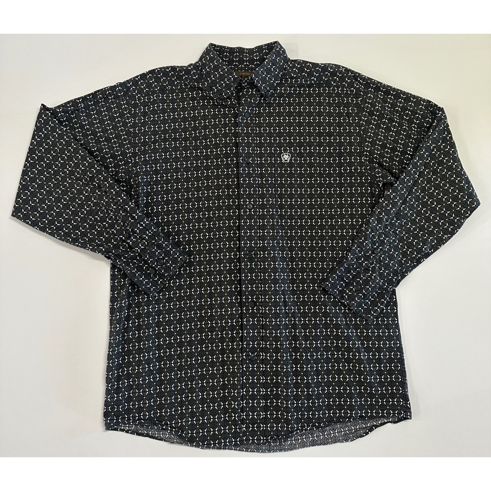 Ariat Mens Medium Long Sleeve Button Down Stretch Shirt Green Geometric Diamond
